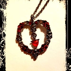 Black Skulls & Red Roses Heart Necklace